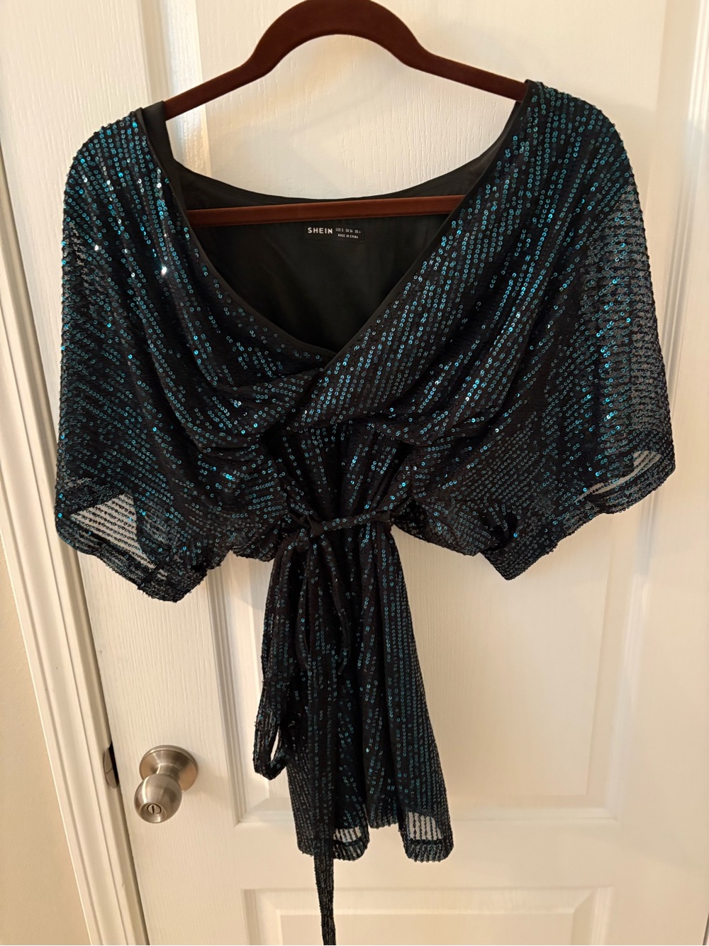 SHEIN Black & Teal Sequin Tie-Front Top